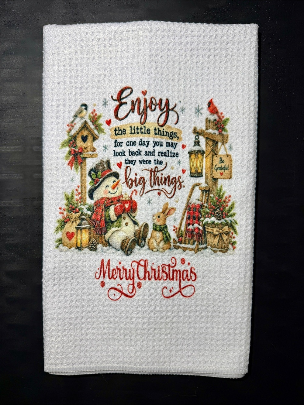 NEW - Christmas Snowman Kitchen Towel "Enjoy the Little Things" Rustic Holiday